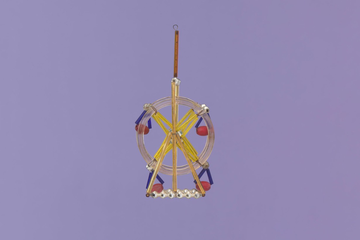 Christmas tree decoration made of beads, glass bugles, and bangles with wire in shape of a ferris wheel
