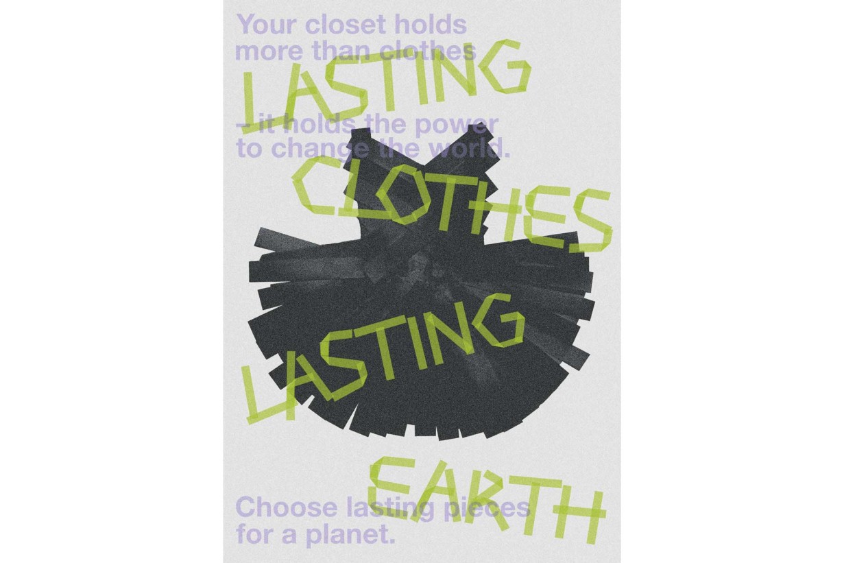 Plakat mit Kleid aus Plastikband, Text "Choose lasting pieces for a planet"