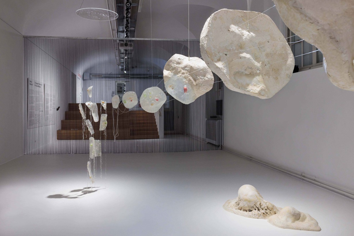 Ausstellungsraum mit weißen Wänden, darin aufgestellt, hängend und an der Wand: 40.000-fachen Vergrößerung einer Amöbe