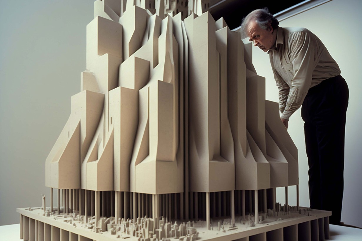 Ein großes Modell mit Zacken, daneben steht ein Mann