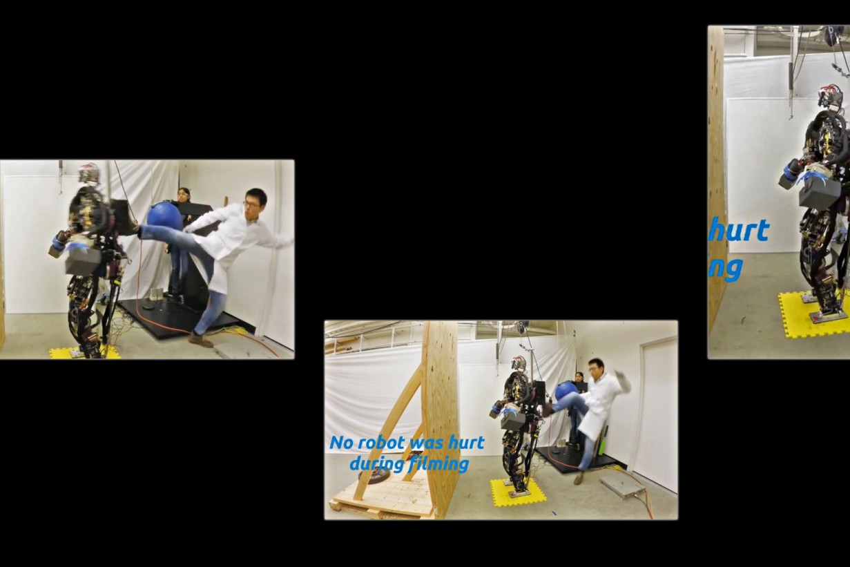 Film stills, human vs. robot fight scene