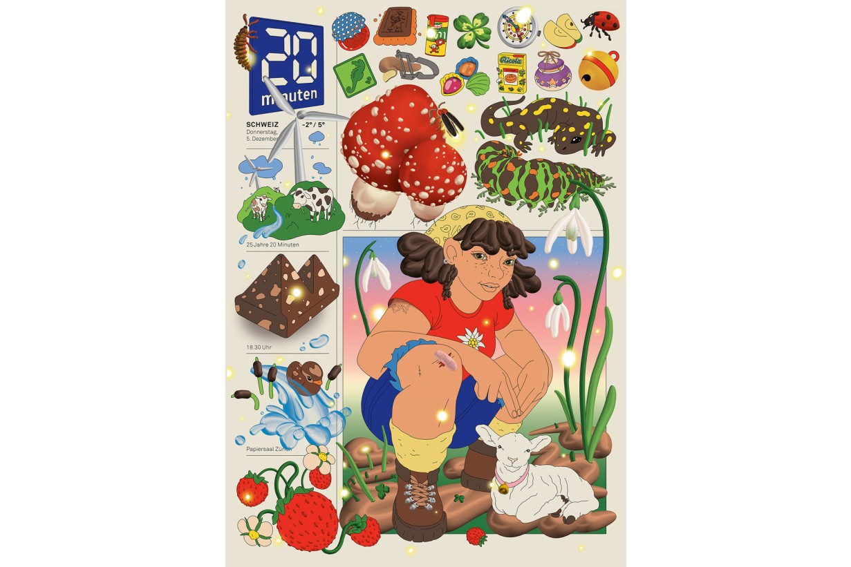 Poster mit grafischen Elemente, die Schweiz repräsentieren: Wanderin, Toblerone, Ricola, 20 Minuten