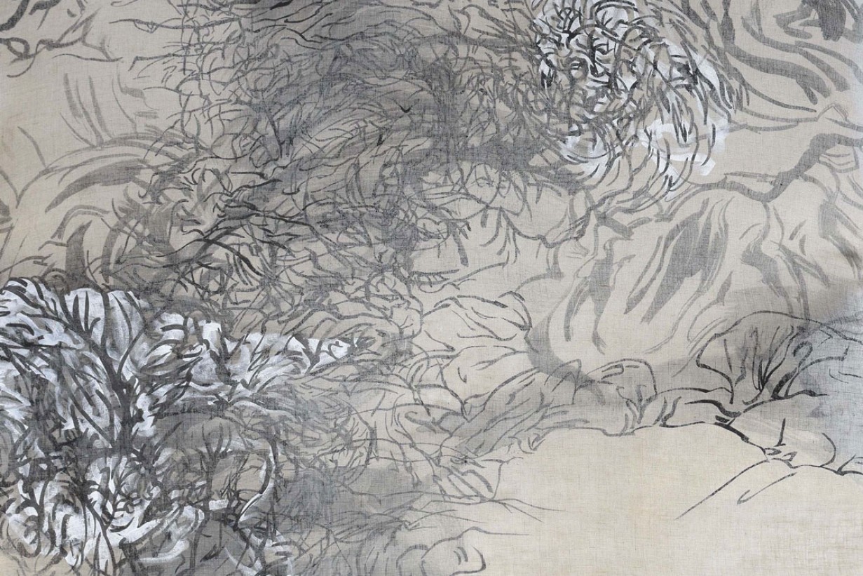 Sumi-Tusche und Öl auf transparenter Leinwand