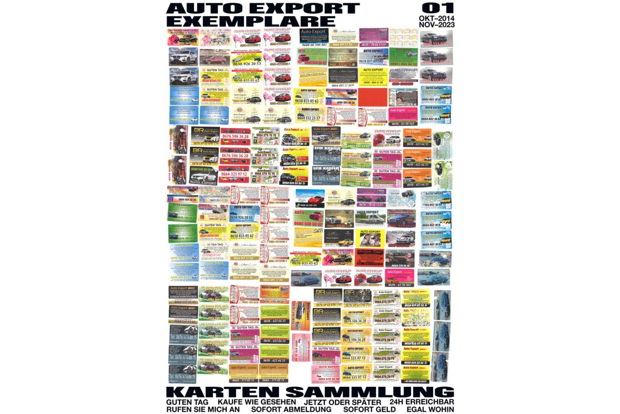 Plakat mit vielen Fotos von Visitenkarten für Auto Export