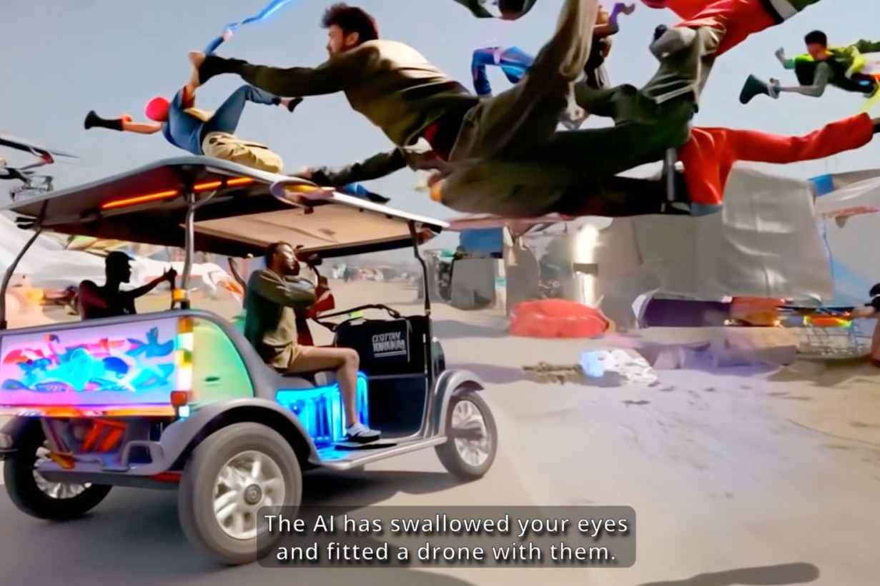 Film still, a kind of golf cart and a person flying