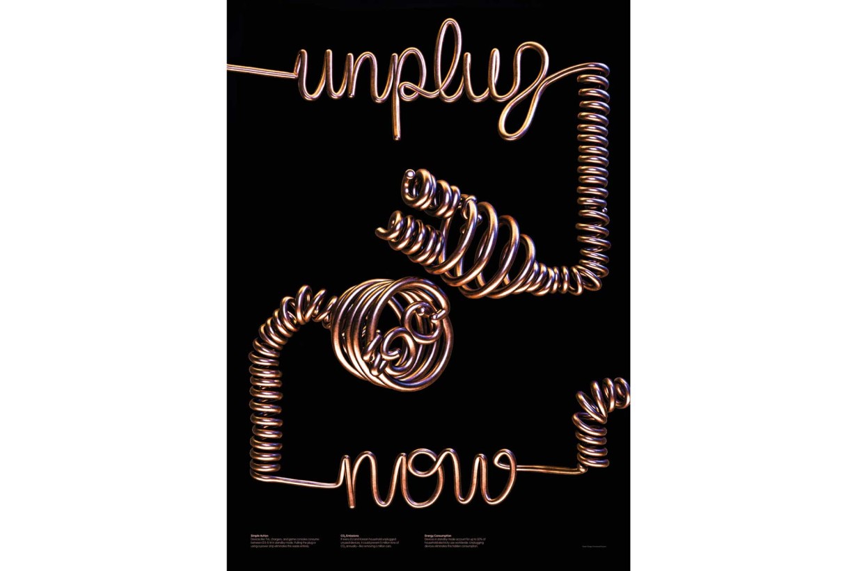 Plakat mit Elektrodraht der Text "Unplug now" formt