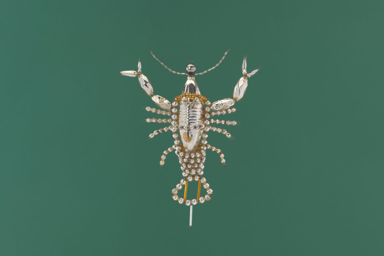 Christmas tree decoration made of beads and glass bugles with wire in shape of a lobster 