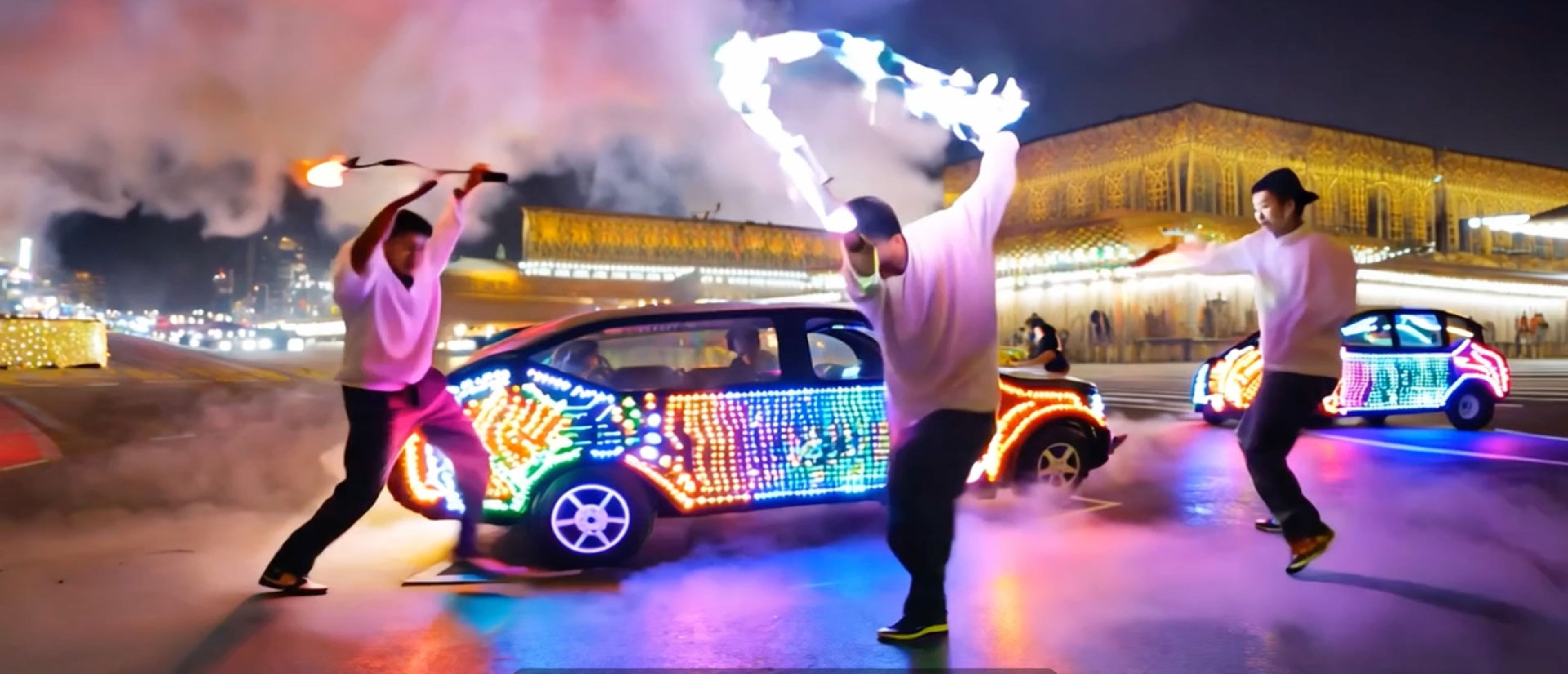 Illuminated car, three people dance around it with torches, text “Trapped in the AI's dream, Narin we dance”