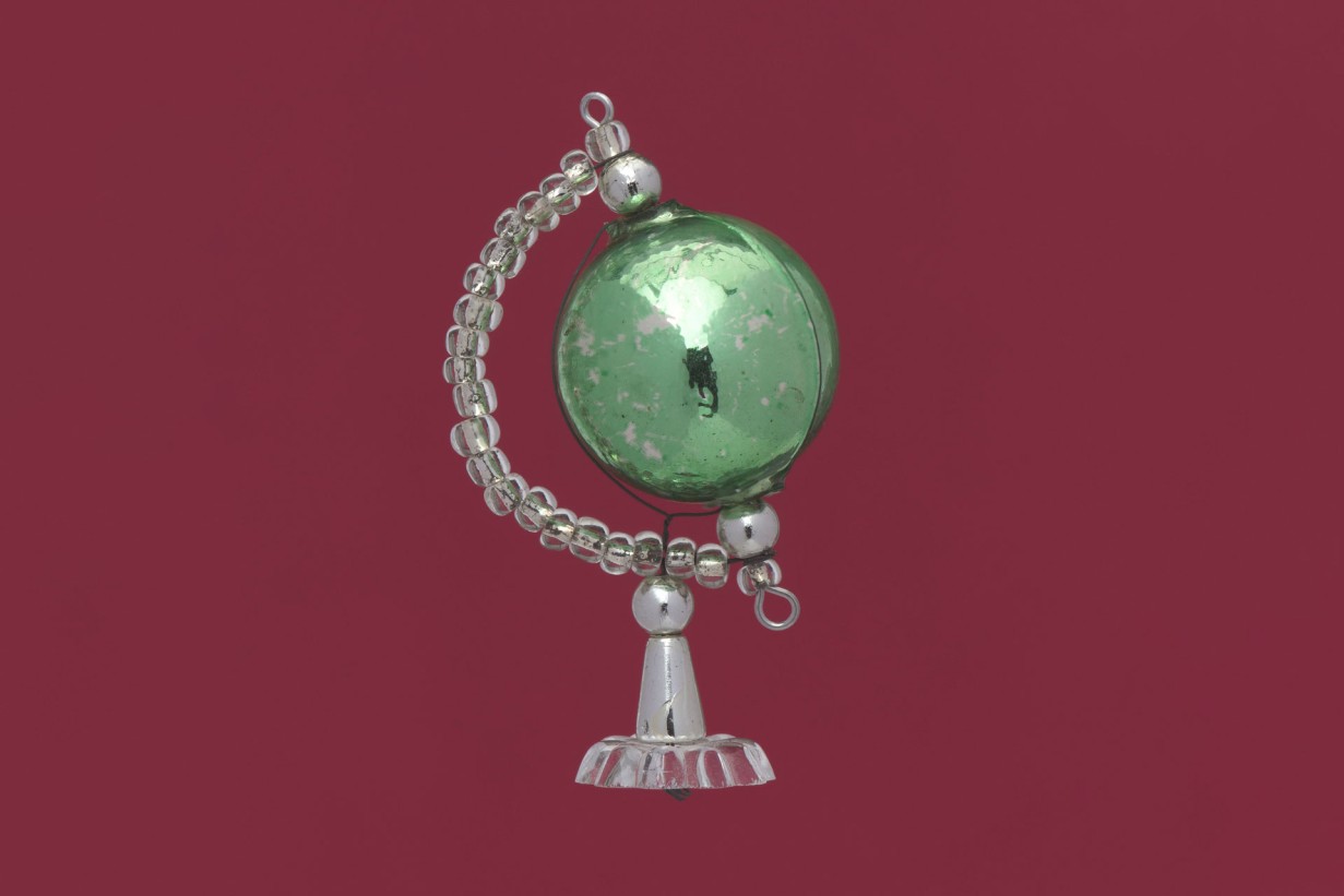 Christmas tree decoration made of Glass beads, hollow sphere with wire in shape of a globe