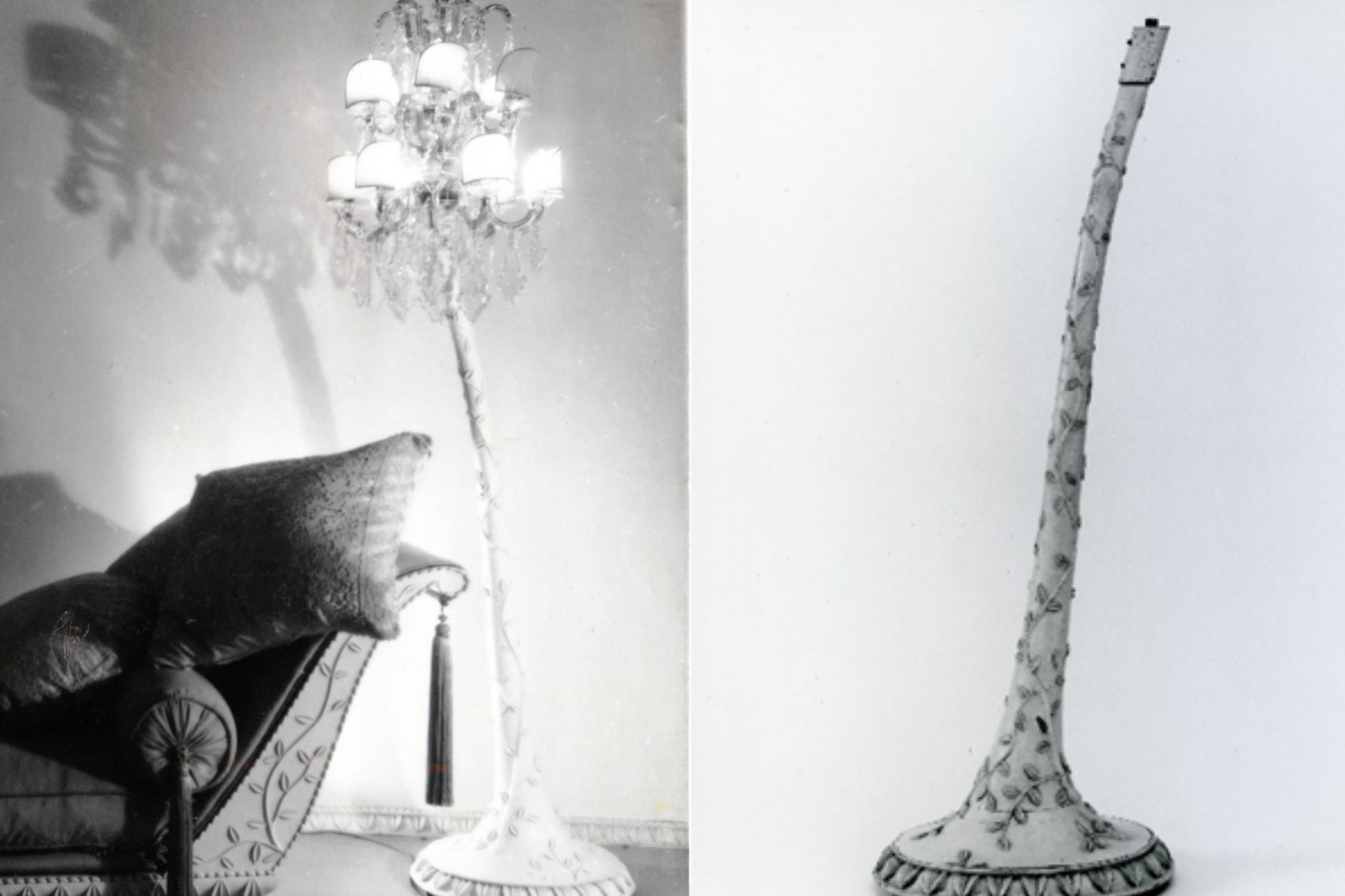 Zwei Fotografien in schwarz-weiß einer Stehlampe
